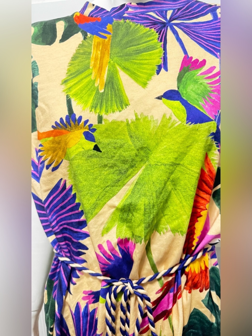 FARM Rio Tropical Macaw Print Mini T Shirt Dress Green, Purple, Cream Sz Medium - Picture 6 of 15
